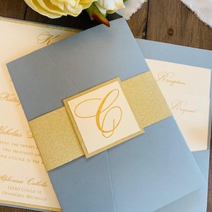 Dusty Blue & Gold Pocket Wedding Invitation Sample