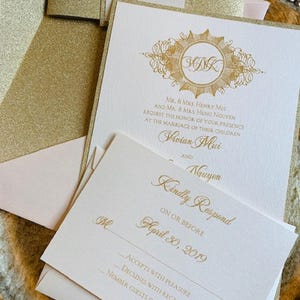 Gold wedding invitation suite,  Monogram Crest Wedding Invitation set with gold glitter belly bands, Classic Wedding Stationery SAMPLE