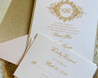 Gold Glitter Wedding Invitation Suite: Monogram Crest Sample