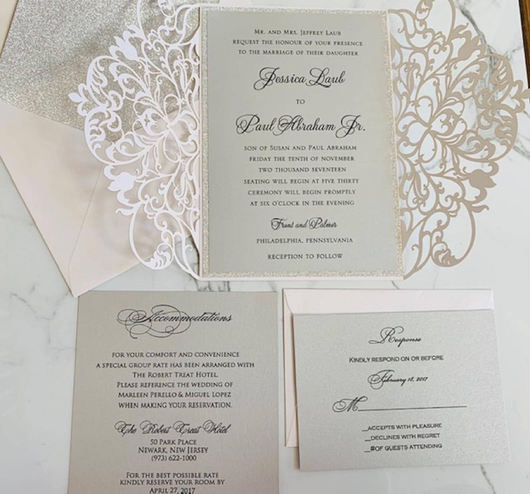 Laser Cut Wedding Invitation Suite: Black, White \u0026 Silver Shimmer (sample)  - Etsy, image size:2144x2000