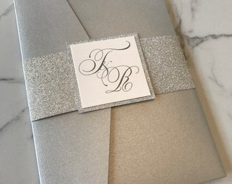 Silver Pocket Wedding Invitation Suite, Silver Glitter Pocket Wedding Invitation with belly band, Wedding Invitation set