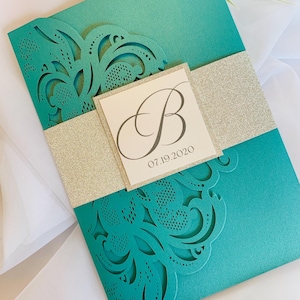 Elegant Aqua Laser Cut Pocket Wedding Invitation suite. Silver Glitter Belly bands, Turquoise Wedding, Teal wedding invitations, SAMPLE