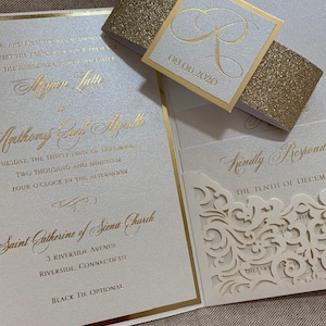 Elegant Ivory and gold Laser Cut Wedding Invitation Set, Laser Cut Pocket Wedding Invitations, Ivory and gold foil wedding invitation set, image 7