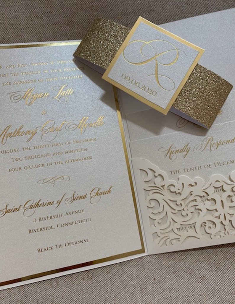 Elegant Ivory and gold Laser Cut Wedding Invitation Set, Laser Cut Pocket Wedding Invitations, Ivory and gold foil wedding invitation set, image 7