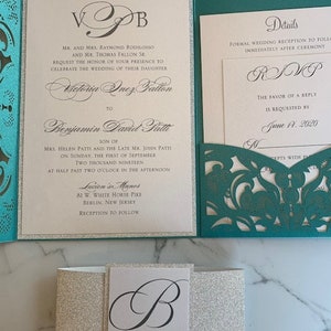 Aqua, Teal or Turquoise Laser Cut Wedding Invitation set with silver glitter in a pocket folder. Aqua Blue Laser Cut Wedding Invitation set image 8