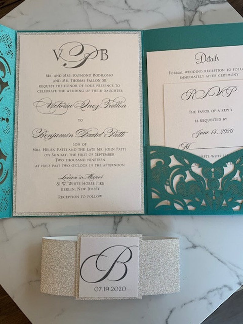 Aqua, Teal or Turquoise Laser Cut Wedding Invitation set with silver glitter in a pocket folder. Aqua Blue Laser Cut Wedding Invitation set image 8