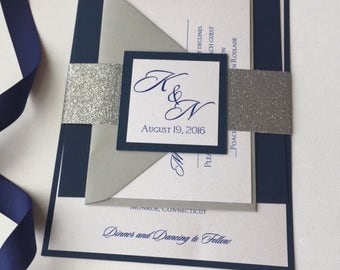 Navy Wedding Invitations, Silver Wedding Invitations, Navy and silver Wedding Invitations, Sparkle invitations Sample