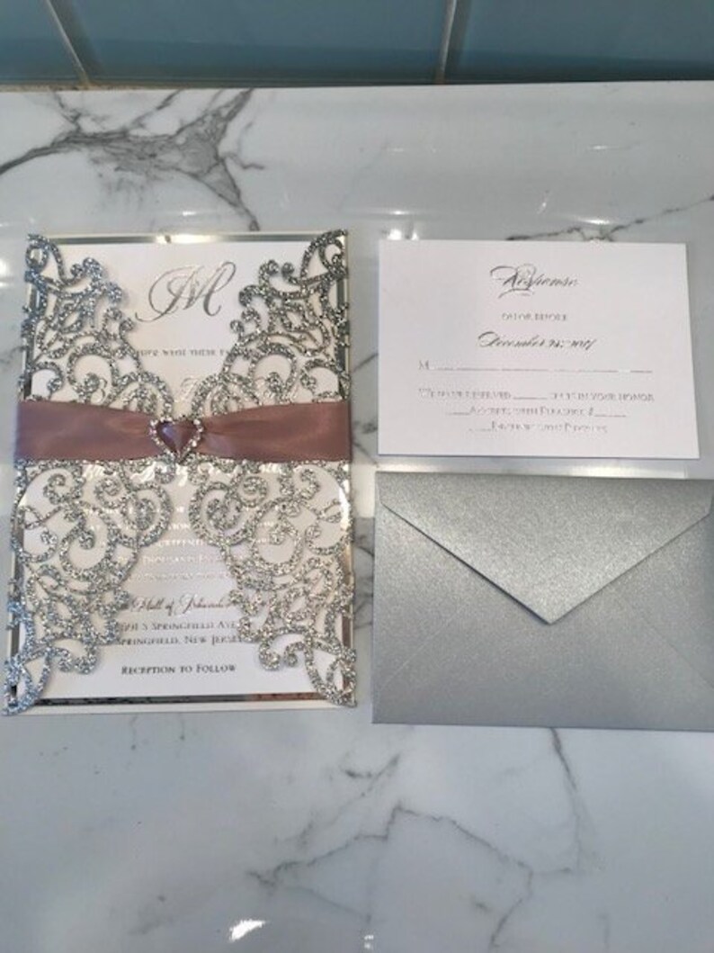 Silver and Blush Glitter Laser Cut Invitations Silver Wedding Etsy