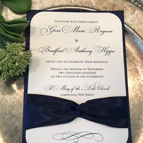 Pocket Navy Blue Wedding Invitation set tied with satin Ribbon, Navy Pocket Wedding Invitations, Classic Wedding Invitations