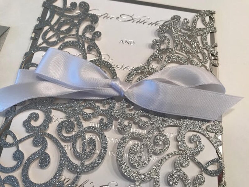 Silver Glitter Laser Cut Wedding Invitations Laser Cut Etsy