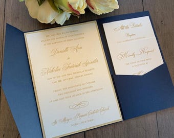 Navy Blue Wedding Invitation Set with Gold Glitter Belly Band (SAMPLE)