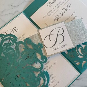 Aqua, Teal or Turquoise Laser Cut Wedding Invitation set with silver glitter in a pocket folder. Aqua Blue Laser Cut Wedding Invitation set image 9