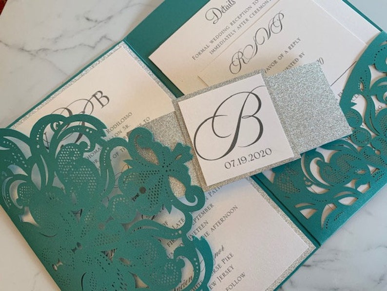 Aqua, Teal or Turquoise Laser Cut Wedding Invitation set with silver glitter in a pocket folder. Aqua Blue Laser Cut Wedding Invitation set image 9