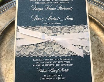 Navy wedding invitations, Lace Wedding Invitations, Vintage wedding invitations