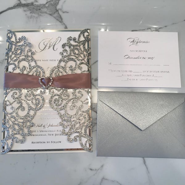 Silver Glitter Laser Cut Wedding Invitation Set