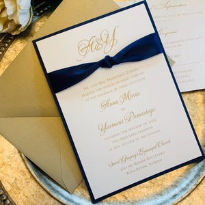 Navy Blue Monogram Wedding Invitation set, Satin Ribbon Wedding Invitations, Navy and gold wedding invitations, wedding invitation suite