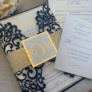 Navy Blue Laser Cut Wedding Invitation, Navy and Gold Wedding invitation, Glitter Belly Band, Gold Foil Printed Wedding Invitation, sample