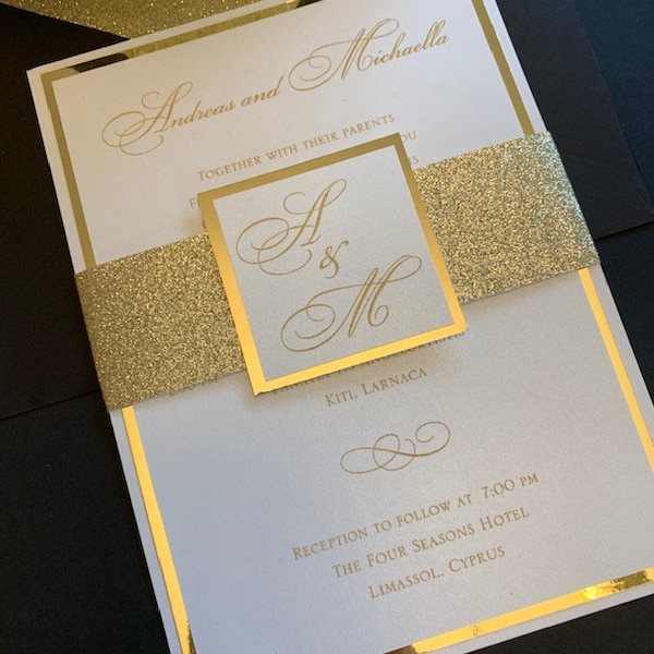 White and Gold Foil Wedding Invitations, Metallic Wedding Invitations, Mirror Wedding Invitations, Bling Wedding Invitations