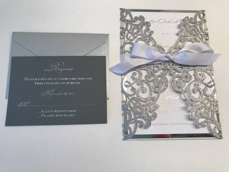 Silver Glitter Laser Cut Wedding Invitations Laser Cut Etsy