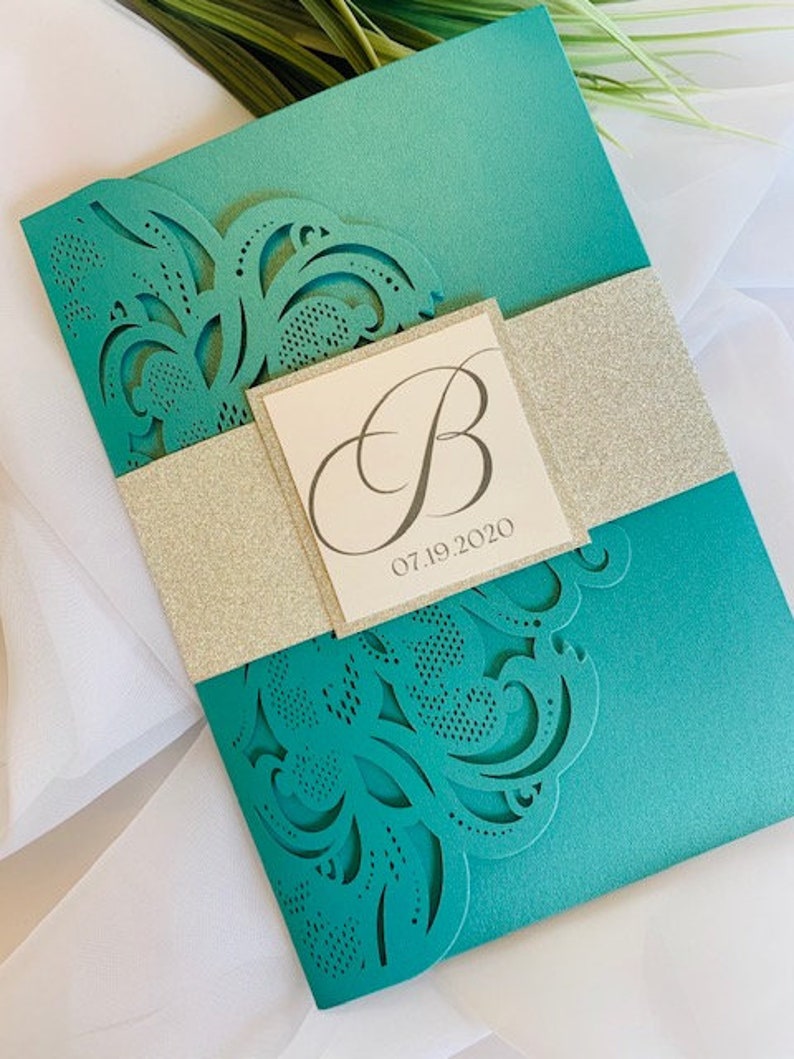 Aqua, Teal or Turquoise Laser Cut Wedding Invitation set with silver glitter in a pocket folder. Aqua Blue Laser Cut Wedding Invitation set image 6