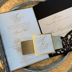 Black and Gold Wedding Invitations, Laser cut wedding invitations, laser cut pocket invitations, black and gold laser cut invitations image 9