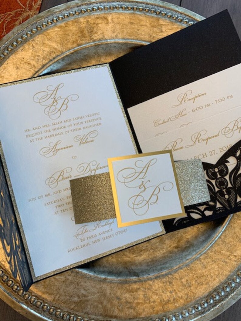 Black and Gold Wedding Invitations, Laser cut wedding invitations, laser cut pocket invitations, black and gold laser cut invitations image 9