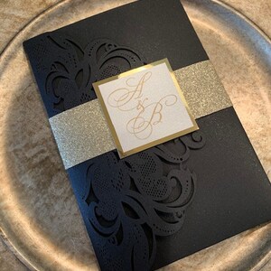 Black and Gold Wedding Invitations, Laser cut wedding invitations, laser cut pocket invitations, black and gold laser cut invitations image 8