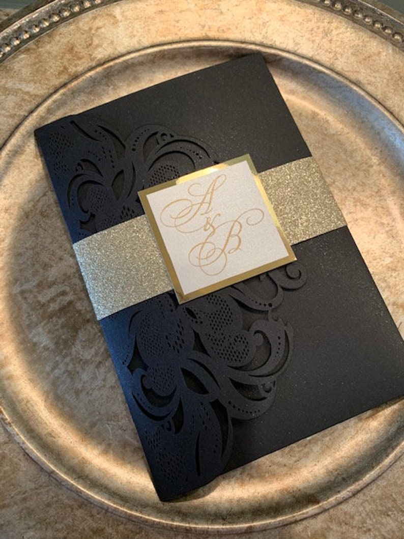 Black and Gold Wedding Invitations, Laser cut wedding invitations, laser cut pocket invitations, black and gold laser cut invitations image 8