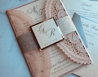 Laser Cut Wedding Invitation, Silver Lace Invite, Elegant Wedding Card with Belly Band Intricate ornate wedding invitations vintage - SAMPLE