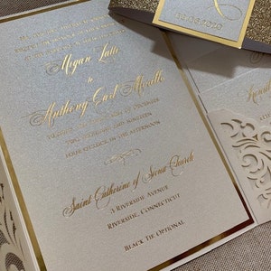 Elegant Ivory and gold Laser Cut Wedding Invitation Set, Laser Cut Pocket Wedding Invitations, Ivory and gold foil wedding invitation set, image 9