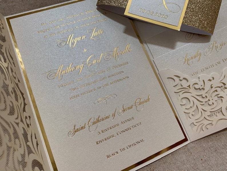 Elegant Ivory and gold Laser Cut Wedding Invitation Set, Laser Cut Pocket Wedding Invitations, Ivory and gold foil wedding invitation set, image 9