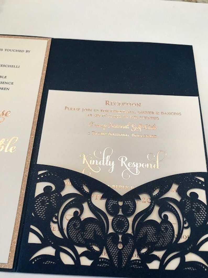 Laser Cut Wedding Invitations Navy and Rose Gold Invitations Etsy