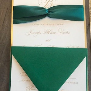Forest Green Wedding Invitations, Gold Wedding invitations, Ribbon Wedding Invitations, image 6
