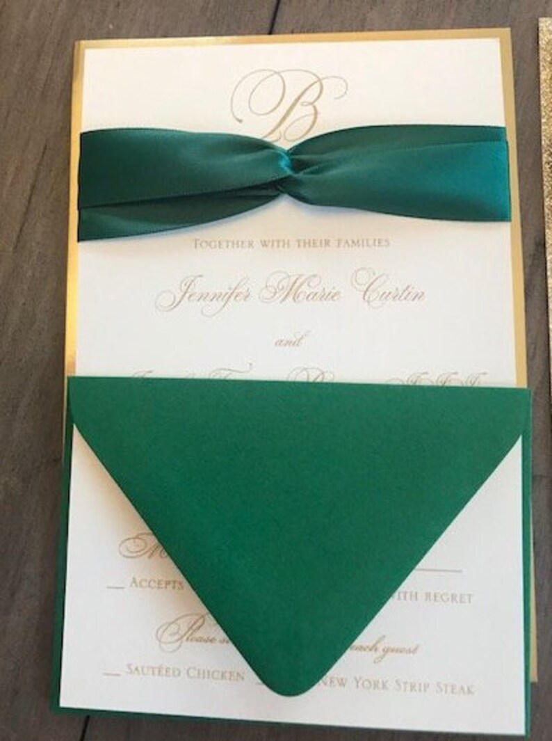 Forest Green Wedding Invitations, Gold Wedding invitations, Ribbon Wedding Invitations, image 6