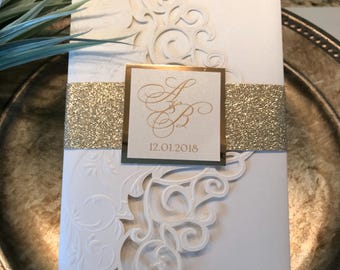 Elegant Ivory Laser Cut Wedding Invitation with Gold Glitter