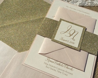 Blush Wedding Invitation: Gold Glitter Belly Band