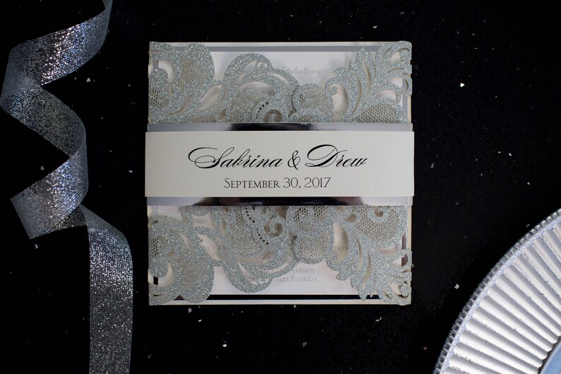 Glitter Wedding Invitations Laser Cut Invitations Silver Etsy