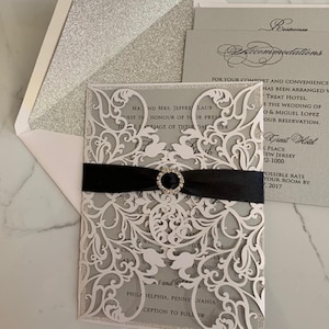 Laser Cut Wedding Invitation Set: Black, White & Rhinestone