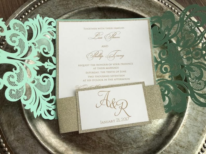 Mint Green and Gold Laser Cut Wedding Invitations Green and Etsy