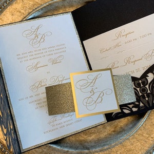 Black and Gold Wedding Invitations, Laser cut wedding invitations, laser cut pocket invitations, black and gold laser cut invitations image 2