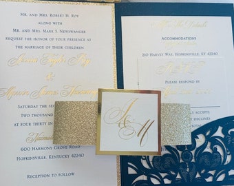 Navy Blue Laser Cut Wedding Invitation Set: Gold Foil, Glitter