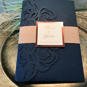 Laser Cut Wedding Invitations, Navy and Rose gold invitations, Rose Gold Invitations, Navy wedding invitations, laser cut pocket invitation