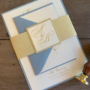 Dusty Blue Wedding Invitation Set: Gold Monogram, Belly Band, custom wedding invitation papers - sample