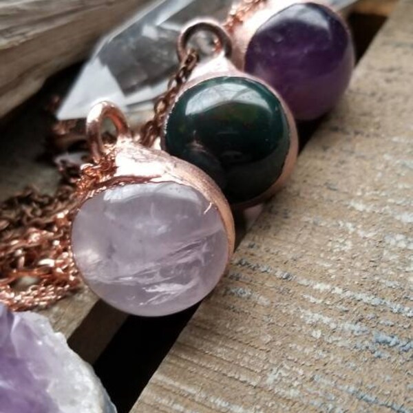 Electroformed Pure Copper Ornamental Crystal Sphere Pendulum Necklace