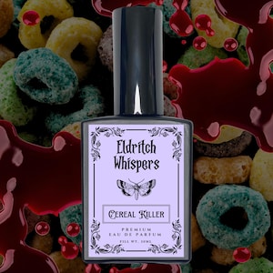 May include: A perfume bottle with a black cap and a label that reads "Eldritch Whispers Cereal Killer." The label features a butterfly illustration and decorative floral elements. The background is a colorful mix of cereal and a red liquid.