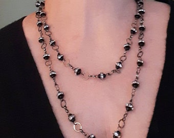 Black crystal jewelry set, handcrafted gunmetal chain, black German glass beads, clear crystal Rondelles necklace and matching earrings