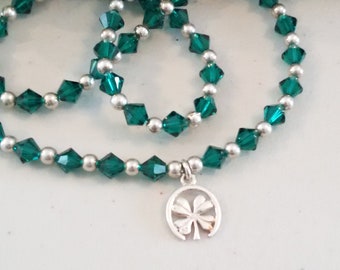 4 Leaf Clover necklace, St. Patrick's Day, Green Swarovski crystals and sterling silver spacers with a sterling silver pendant