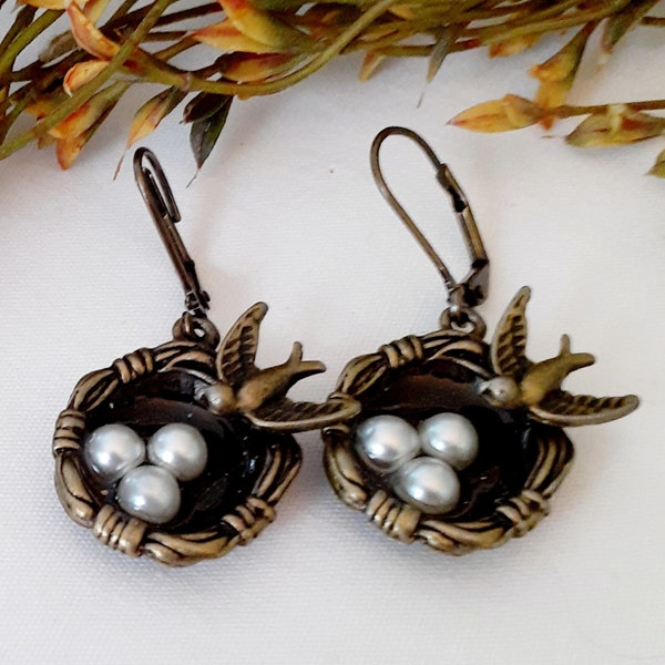 Little bird's nest earrings with tiny pearl eggs, antique bronze lever back ear wires