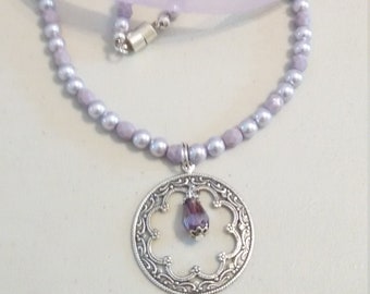 Lavender pearl necklace.  Swarovski crystal pearls and Czech glass beads with pendant