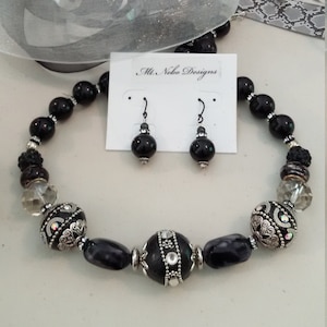 Black pearl choker set with matching earrings.  Choker with Indonesian beads and silver rhinestone spacers